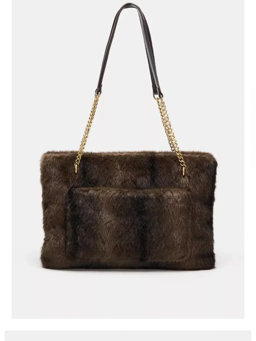 Zara Dark Brown Faux Fur Shoulder Bag with Gold Chain Detail